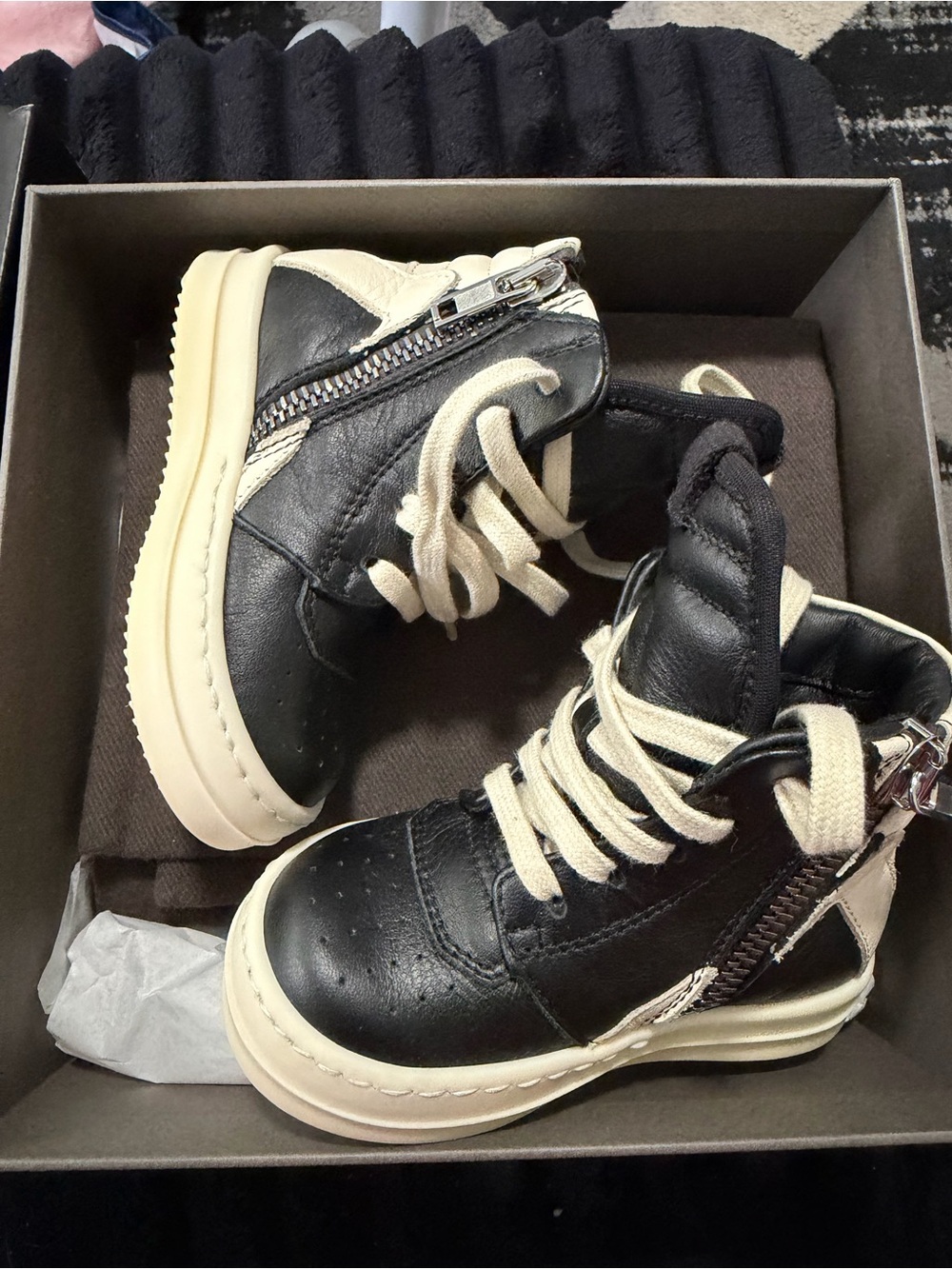 Rick Owens Black and Cream Kids High-Top Sneakers
